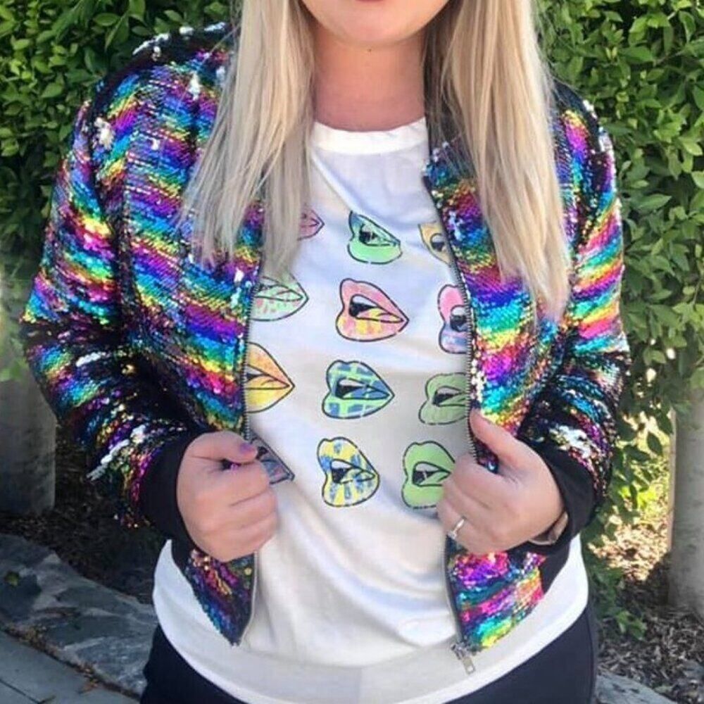 LuLaRoe L Mermaid Pride Bright Rainbow Sequins Stevie Bomber Jacket 90S Y2K